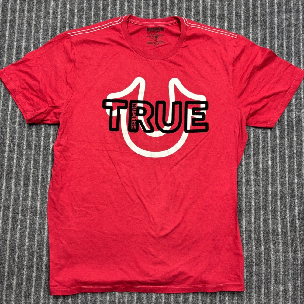 True Religion Mens T-Shirt XL Red Graphic Logo Short Sleeve Horseshoe Cotton Tee